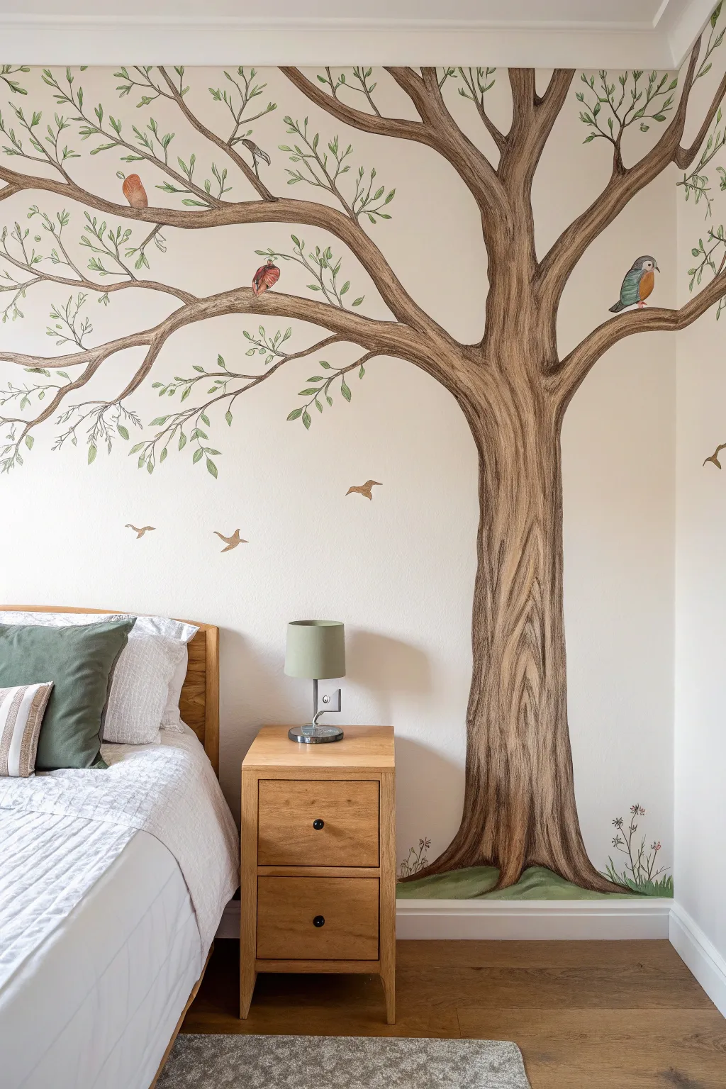 Cozy tree-branch mural arching over the bed, a minimalist boho statement for calm sleep.