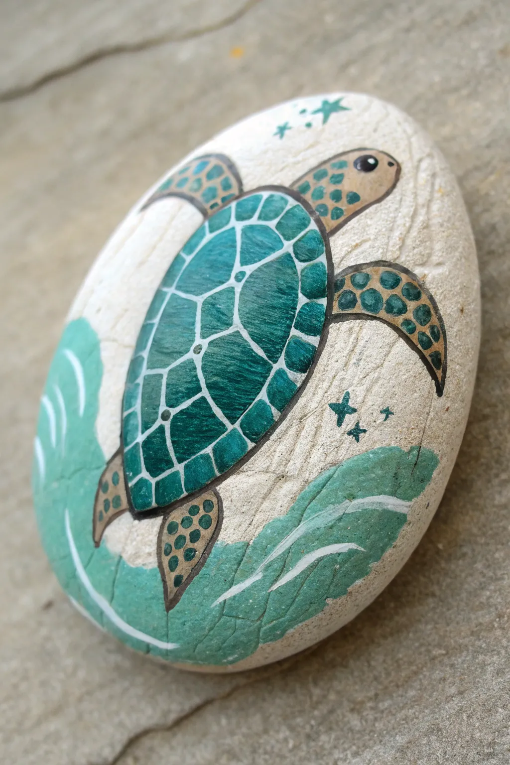 Sea turtle rock with painted flippers in calm ocean hues, minimalist boho craft inspiration
