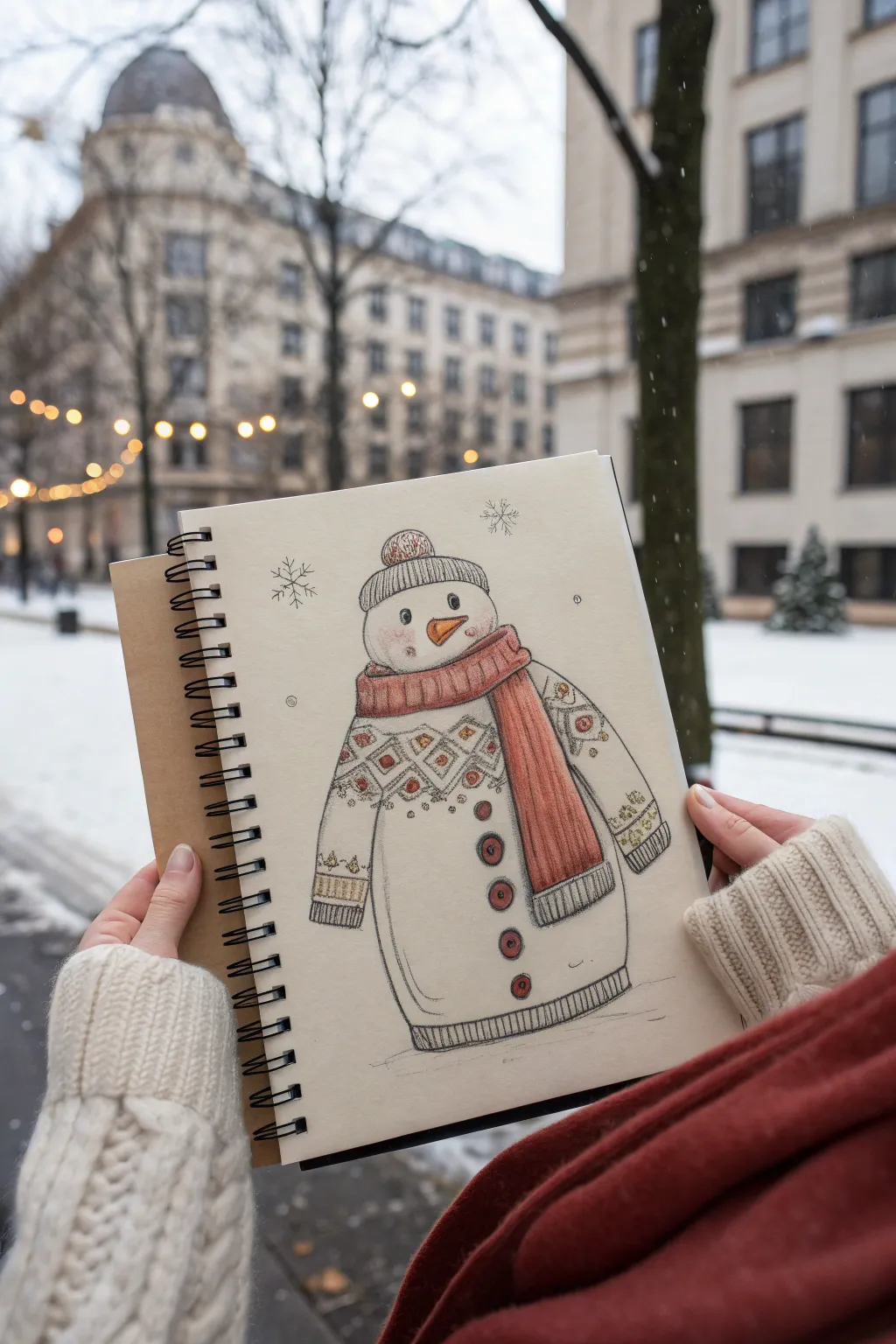 Giant snowman belly sweater drawing idea with coal buttons, scarf detail, and clean Nordic charm