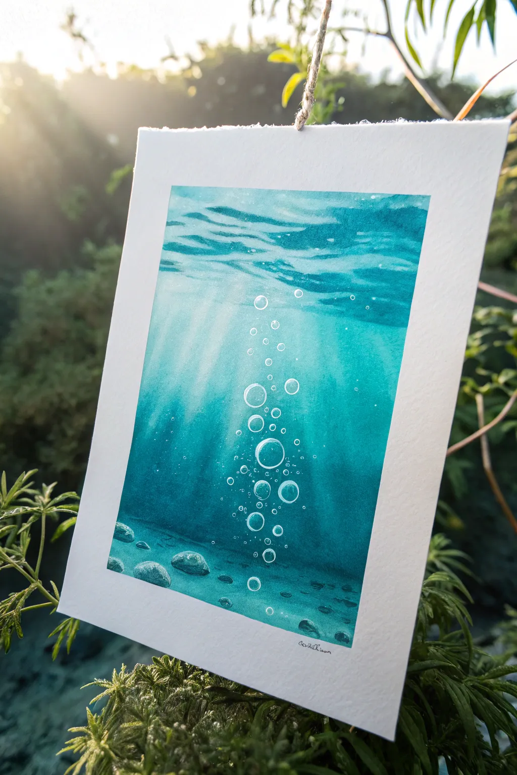 Minimal bubble clusters and ring bubbles rising through teal water, leaving calming negative space