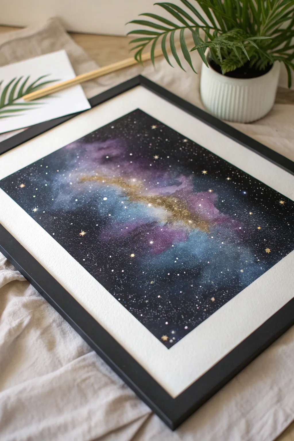 High contrast galaxy painting on black paper, minimalist and dreamy with soft nebula glow.