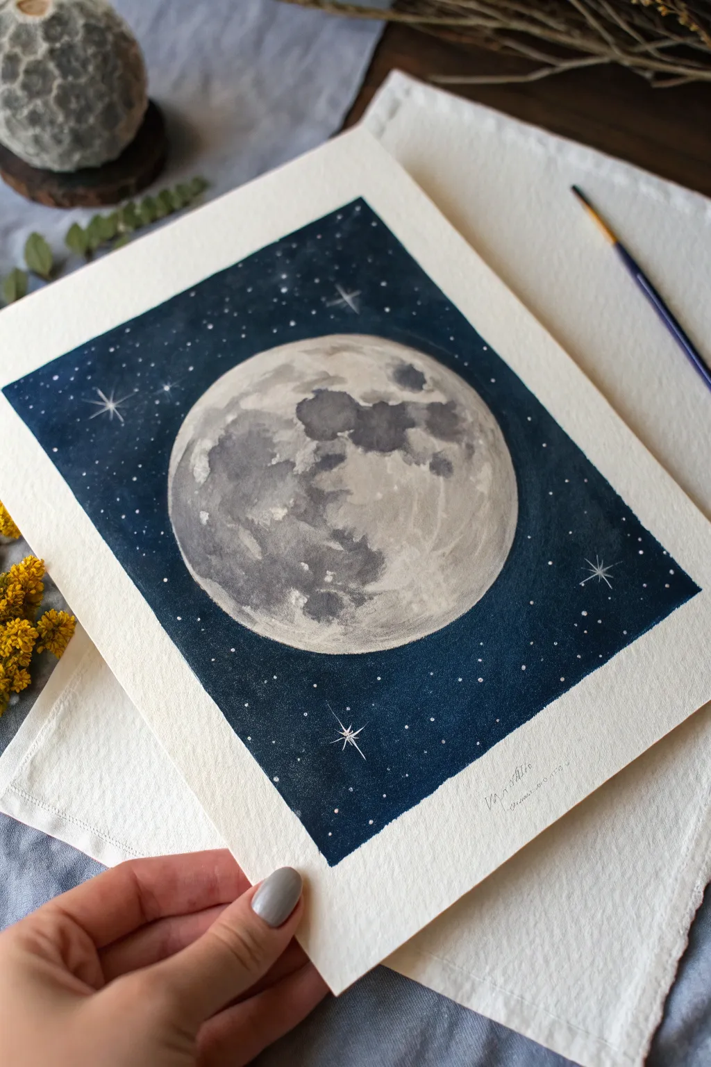Paint a glowing cratered full moon on a deep indigo sky for calm, minimalist universe vibes.
