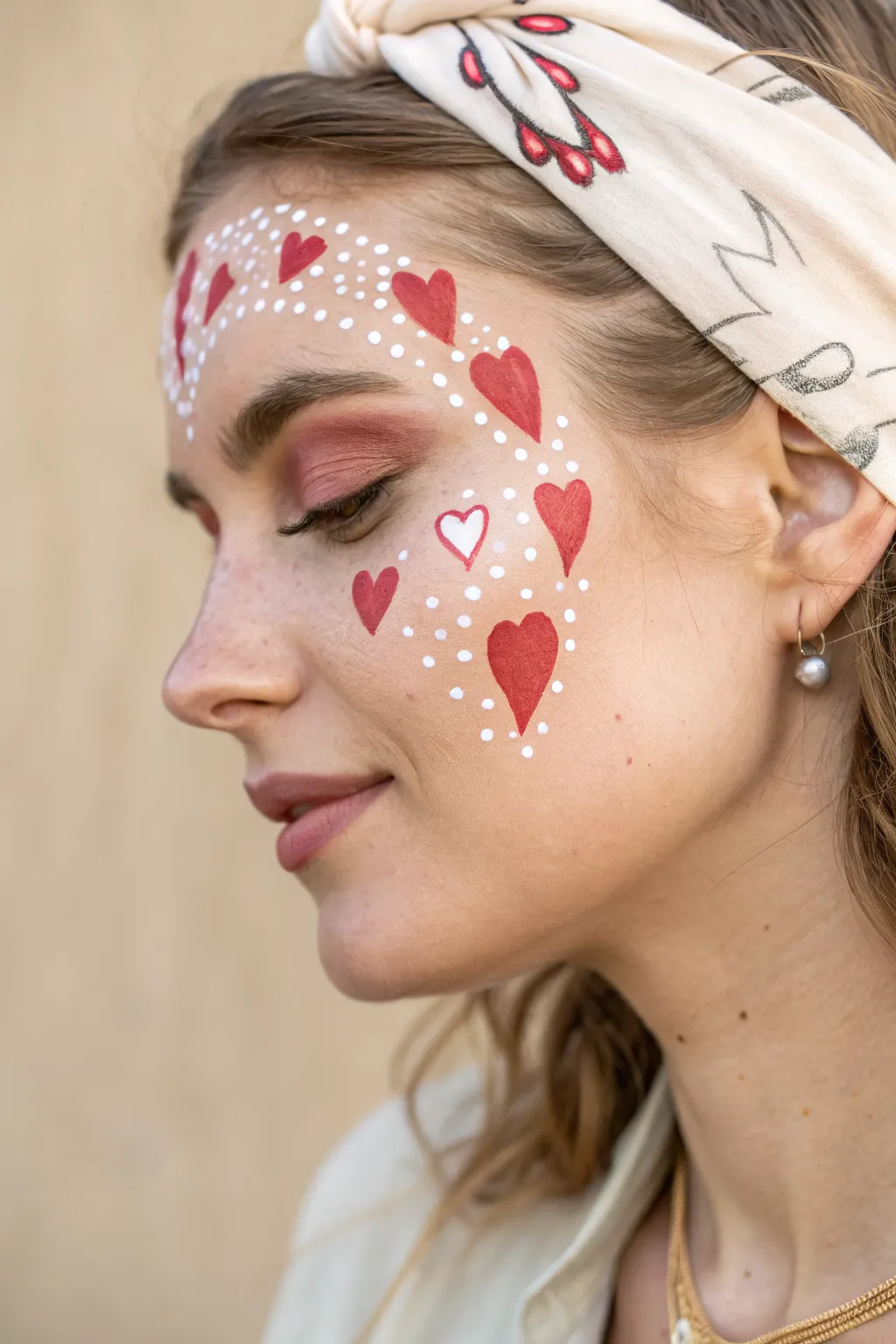 Cascading heart trail face paint in red and pink with delicate white accents, crisp and minimal