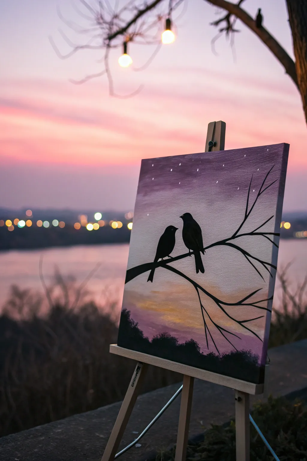 Paint and sip inspiration: minimalist lovebirds silhouetted against a dreamy dusk sky.
