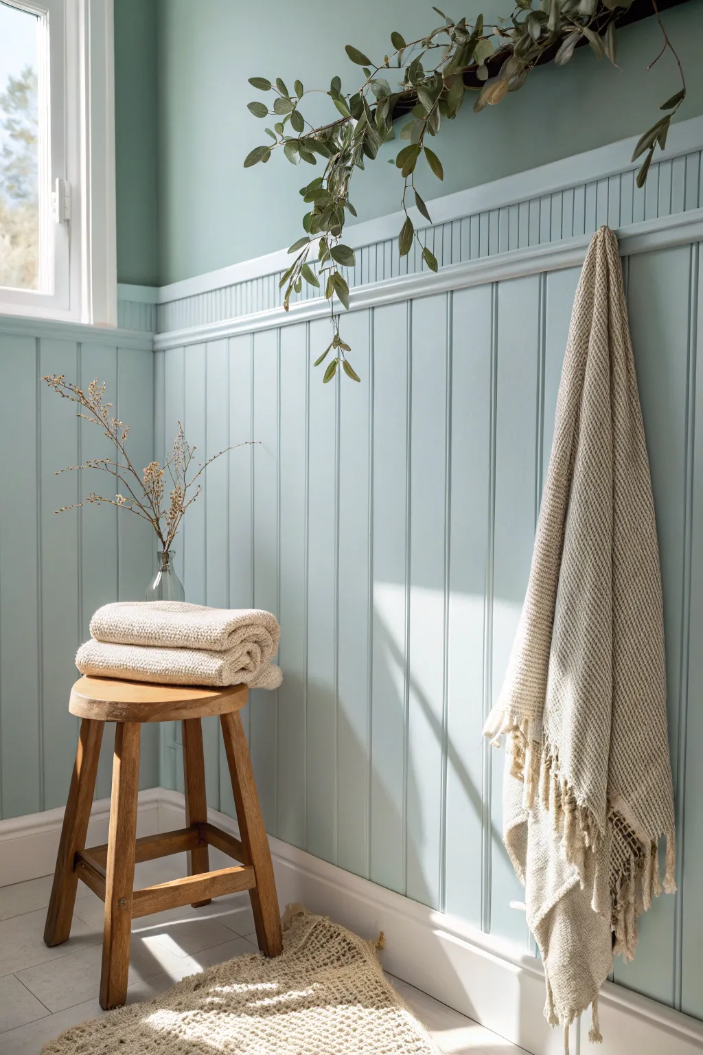 Soft blue beadboard adds instant cottage charm and texture to a minimalist bathroom.