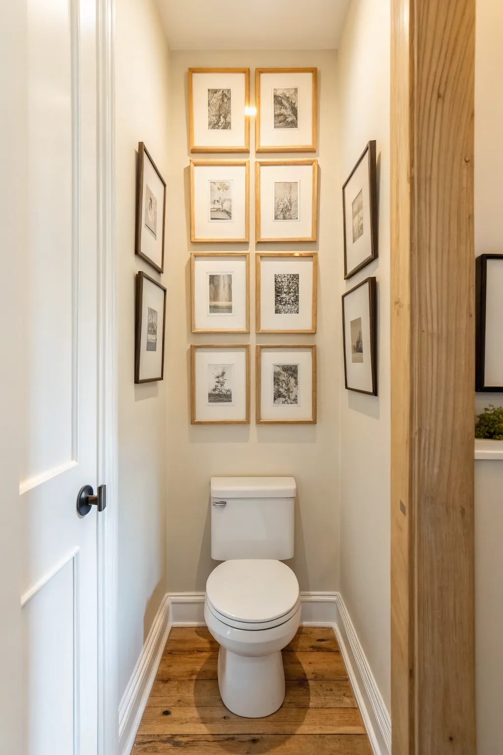 Clean vertical grid of small frames above the toilet for a calm Scandinavian boho bathroom.