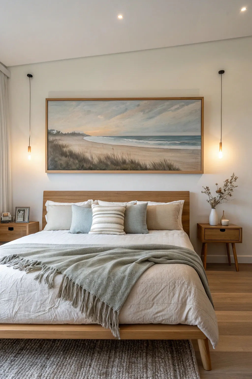 Calm horizon wall art above a cozy bed, Scandinavian minimalism with soft boho warmth