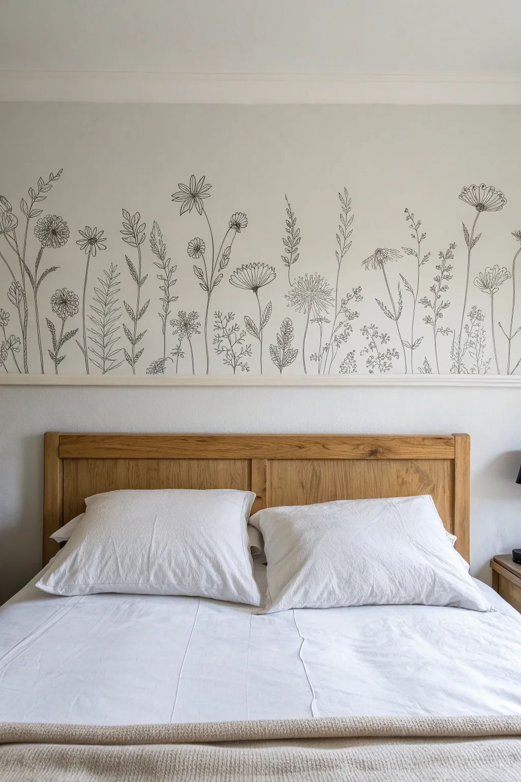 Minimal wildflower line border above the headboard for a calm, Scandinavian boho bedroom.