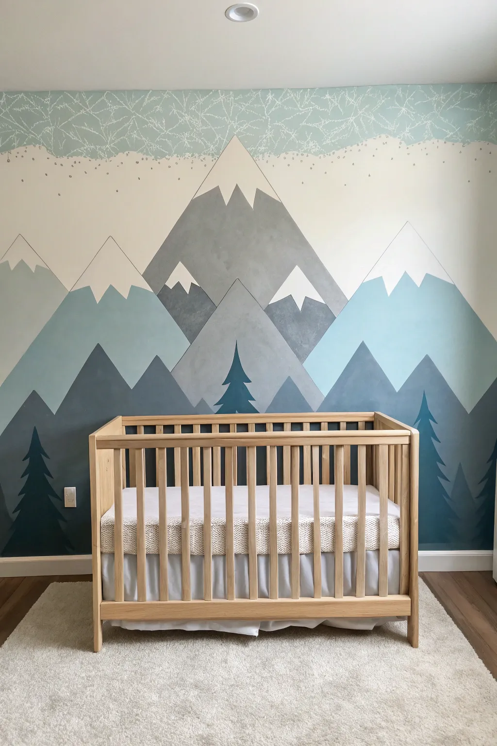 Create a dreamy escape with this serene, hand-painted mountain mural in soothing blues.