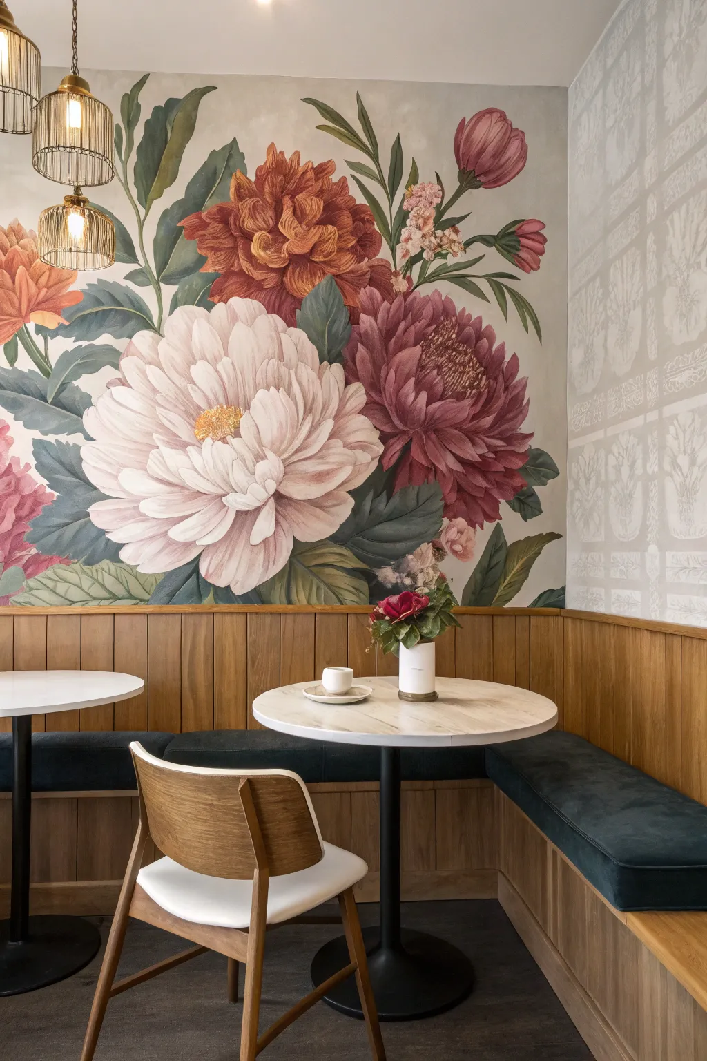 Giant hand-painted blooms transform a minimal dining nook into a bold, feminine mural moment.