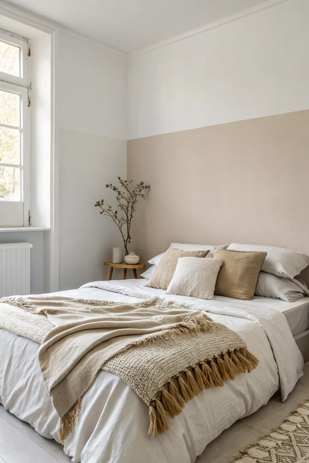 Soft two-tone neutrals create calm color blocking for a cozy, minimalist bedroom wall.