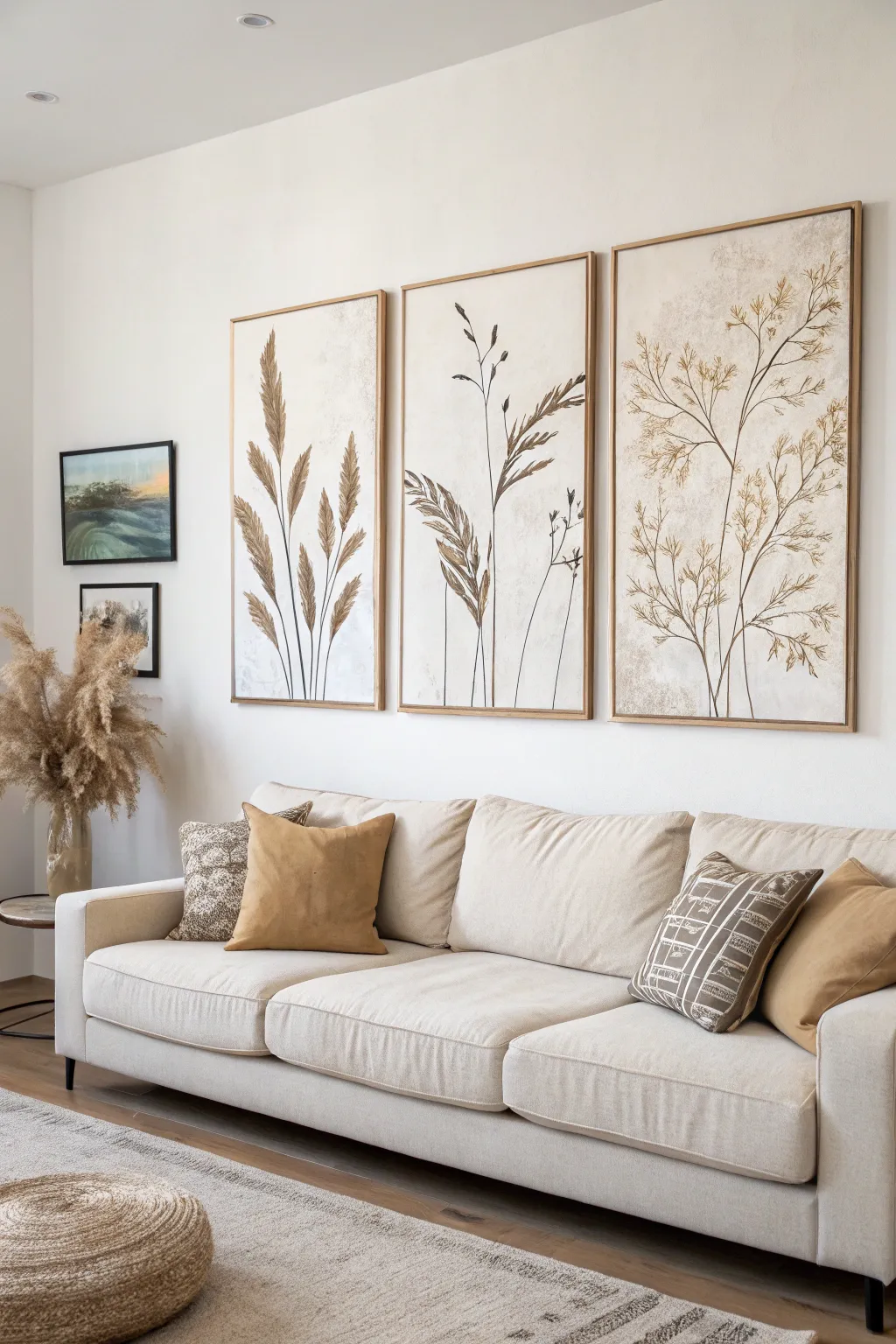 Three matching panels create a calm, high-impact focal point above the living room sofa.