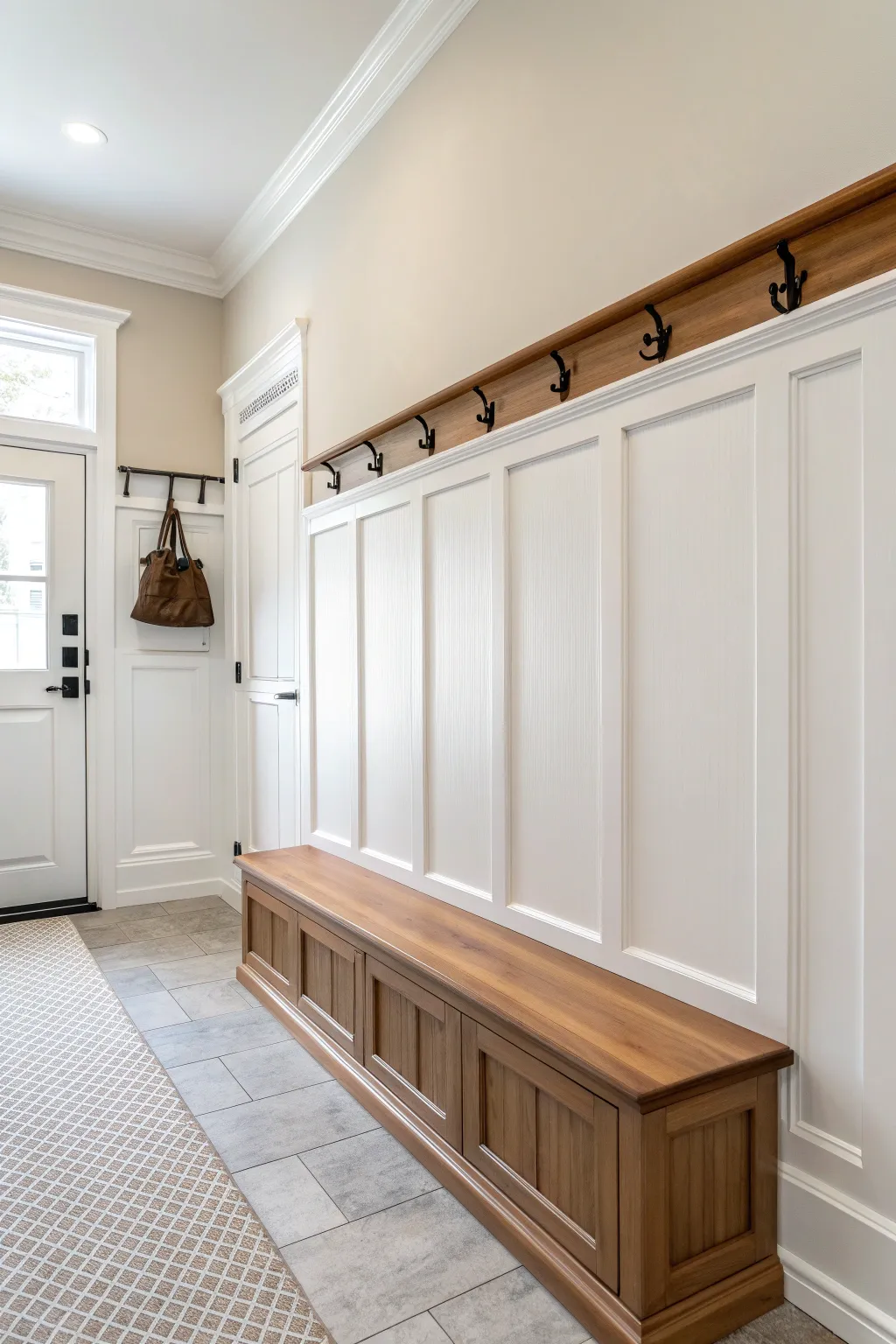 Chair-rail wainscoting in a cozy entryway, two-tone paint for subtle depth and contrast.