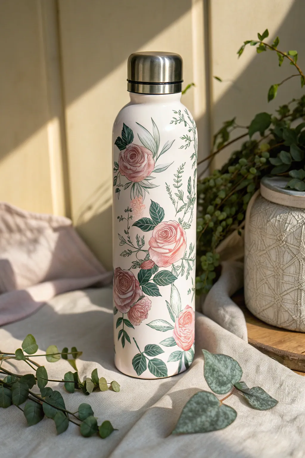 Whimsical rose vines wrap a matte water bottle, a simple boho studio look with artisan charm