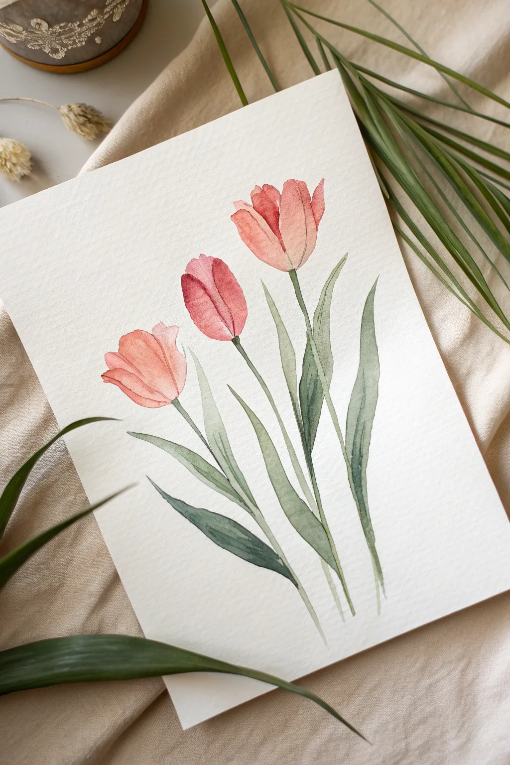 Three simple two-stroke watercolor tulips with clean minimal lines and soft boho calm.