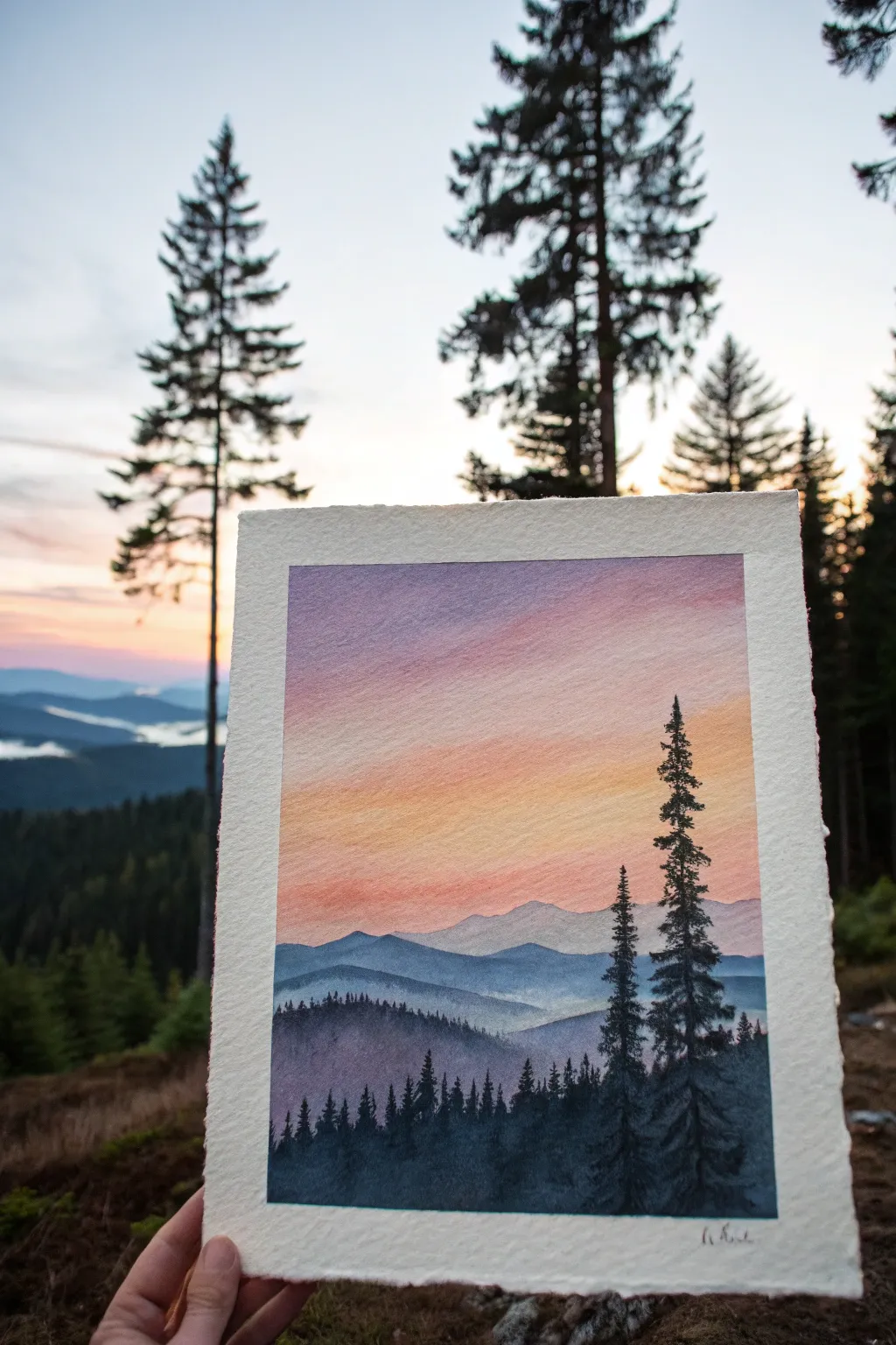 Glowing sunset washes and bold dark silhouettes, a minimalist watercolor idea with cozy contrast