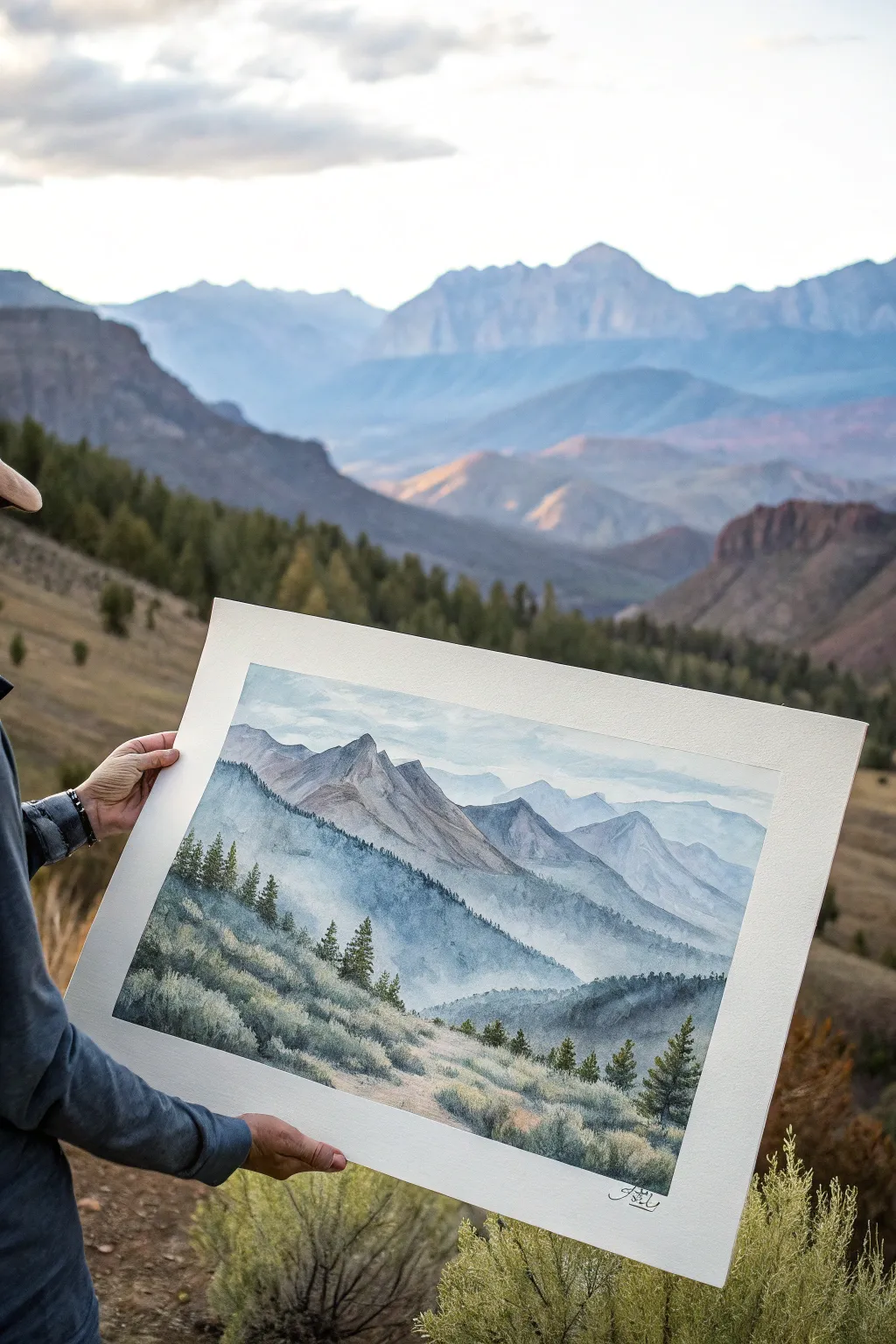 Watercolor mountain layers with dreamy atmospheric perspective and crisp foreground contrast