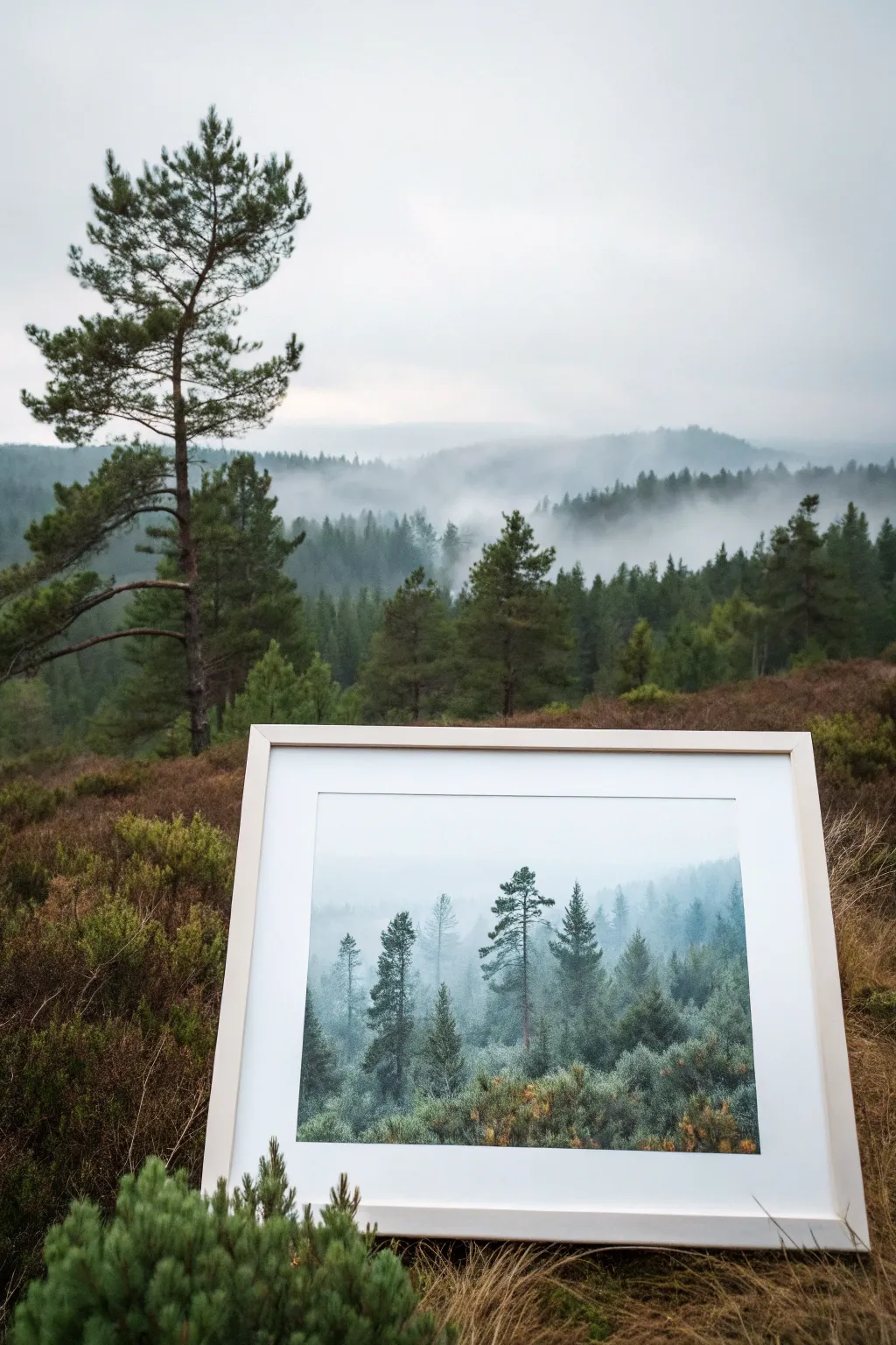 Layered misty pines in watercolor, soft fog washes and bold silhouettes for calm forest depth
