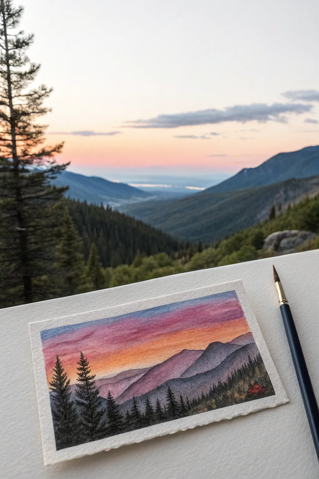 Sunset gradient mini landscape with crisp silhouette shapes, perfect watercolor pencil practice