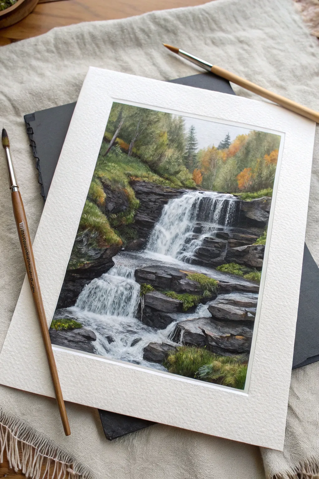 Paint a tiered cascade: calm pools, dark rock shelves, and lively whitewater in each drop.