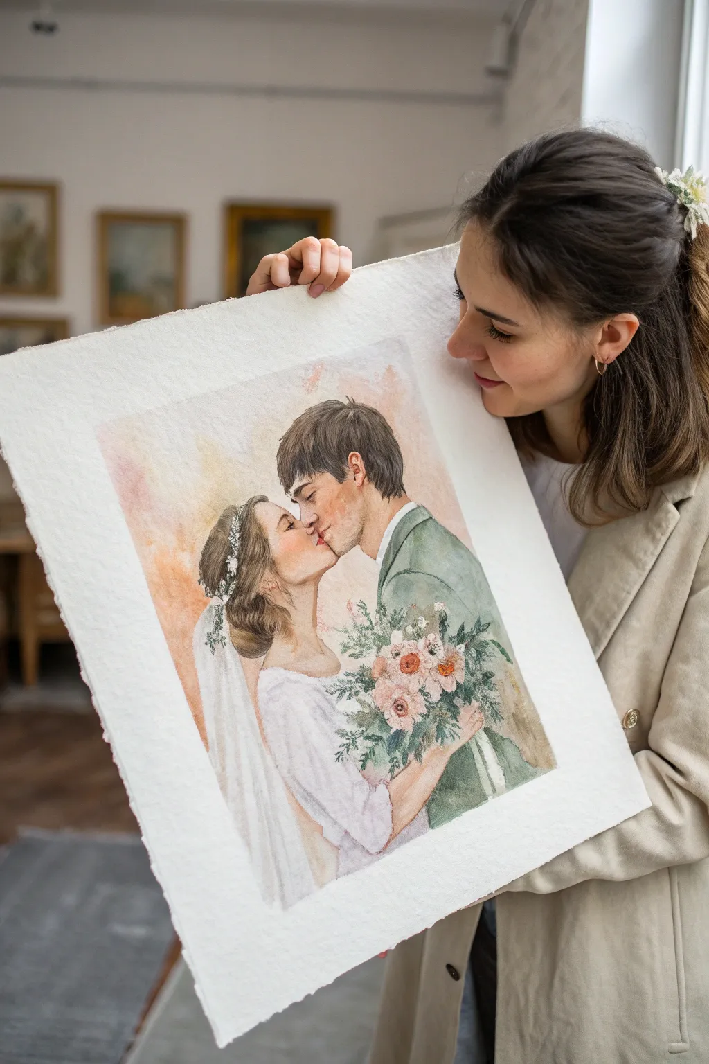 Romantic first-kiss painting gift, softly cropped with veil and bouquet in a minimalist boho style