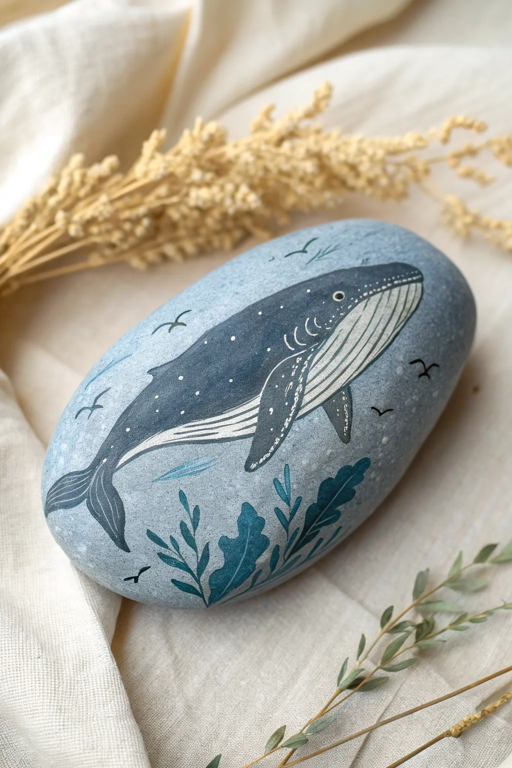 Humpback rock painting with soft ocean wash and delicate throat grooves for a calm coastal look