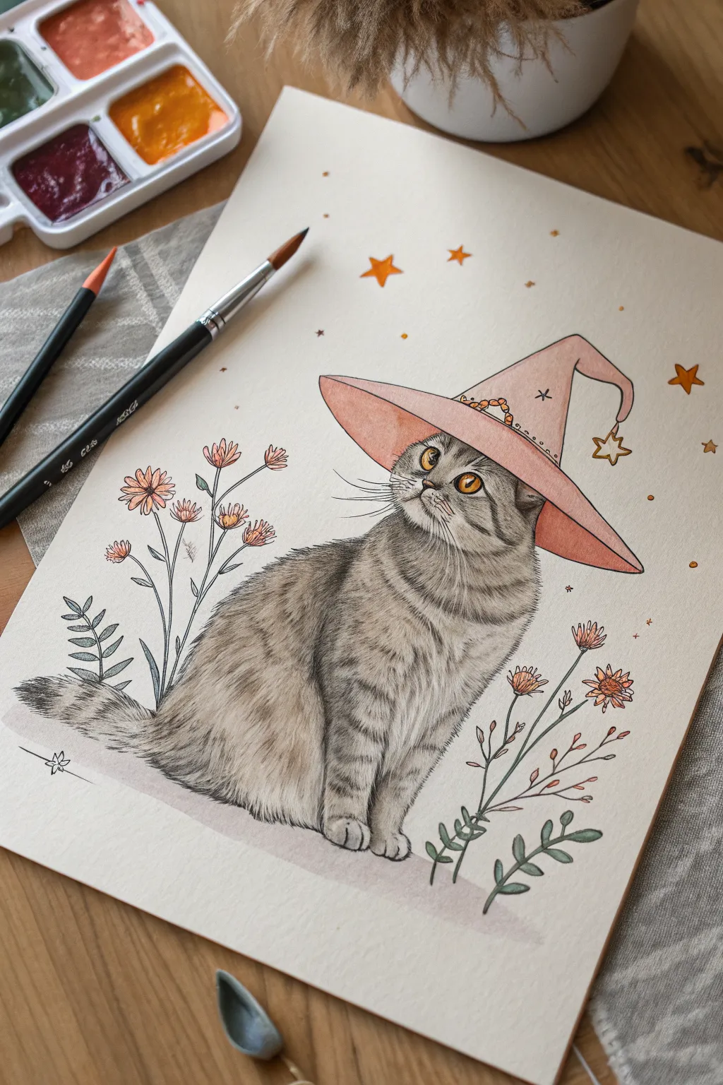 Chubby cat with big eyes in a starry flower hat, minimalist Scandinavian boho drawing idea