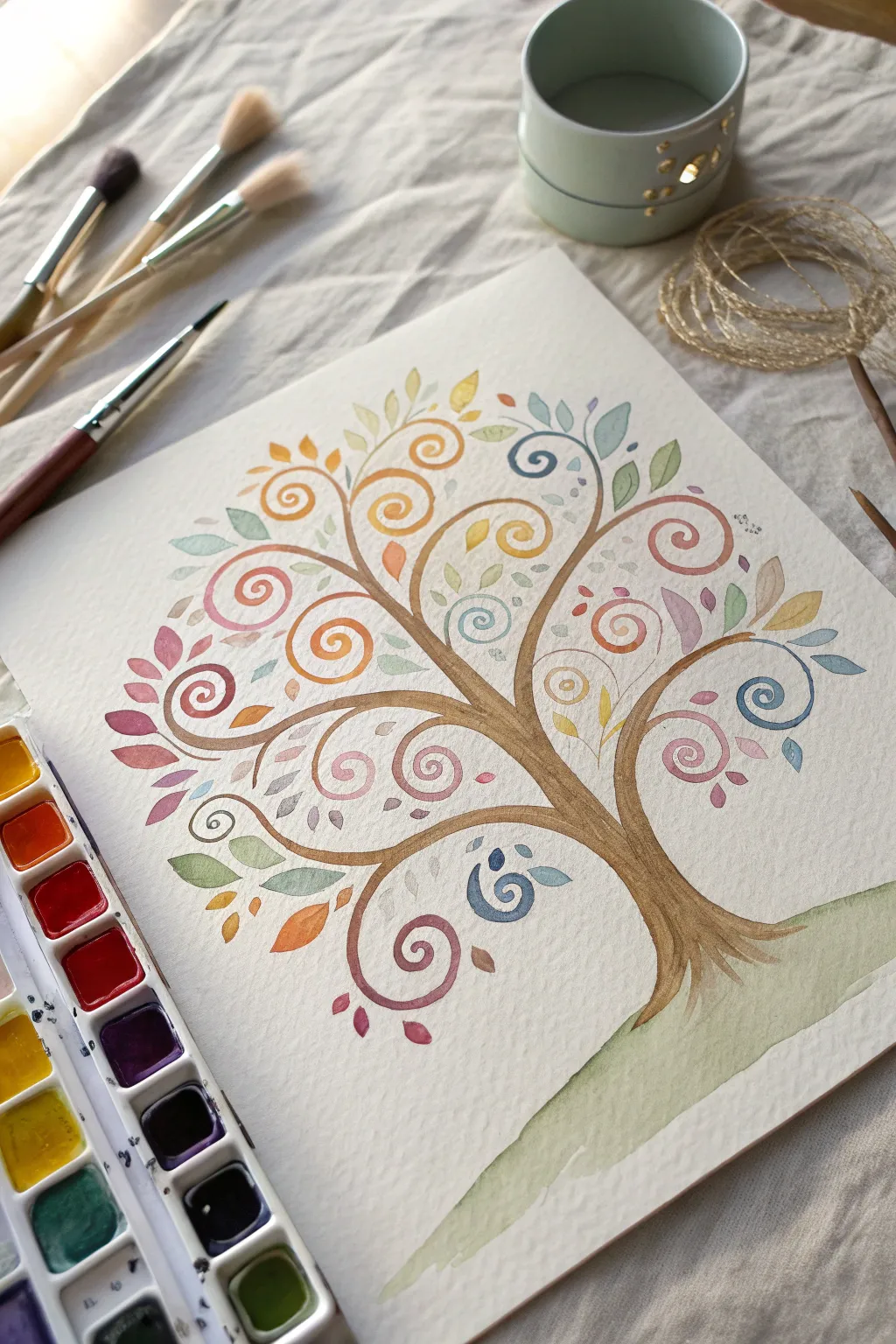 Paint a whimsical Tree of Life with spiral branches and rainbow leaves in a clean, boho style.