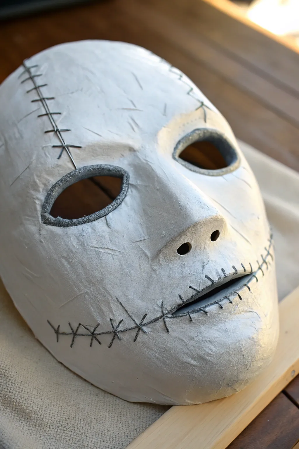 Minimal white mask close-up with stitched mouth illusion, crisp contrast and soft boho tones.