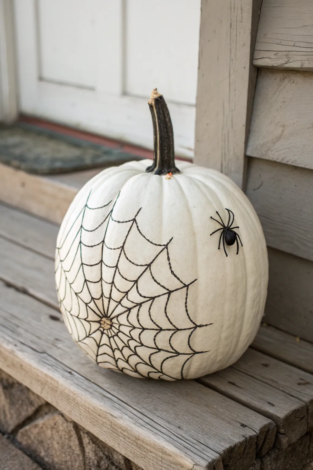 Minimal white pumpkin with a hand-painted web and tiny spider, styled on rustic wood