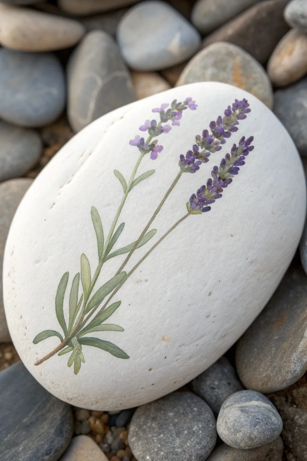 Lavender sprig on a white rock, minimalist herbarium style with soft light and calming contrast