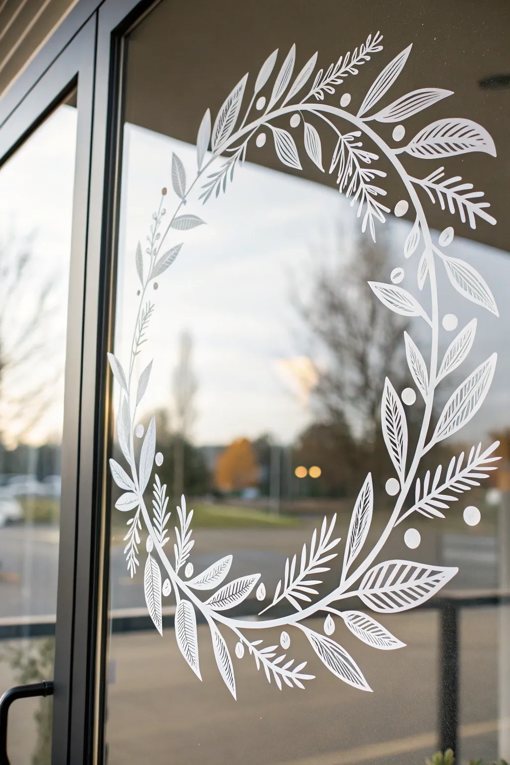 Big wreath window drawing: clean leaves and berries, crisp contrast, soft blurred view behind.