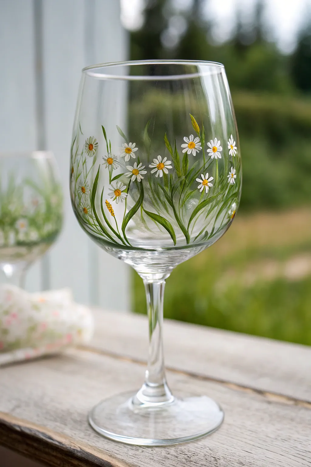 Minimal wine glass with grassy base and tiny wildflowers, Scandinavian boho craft vibe.