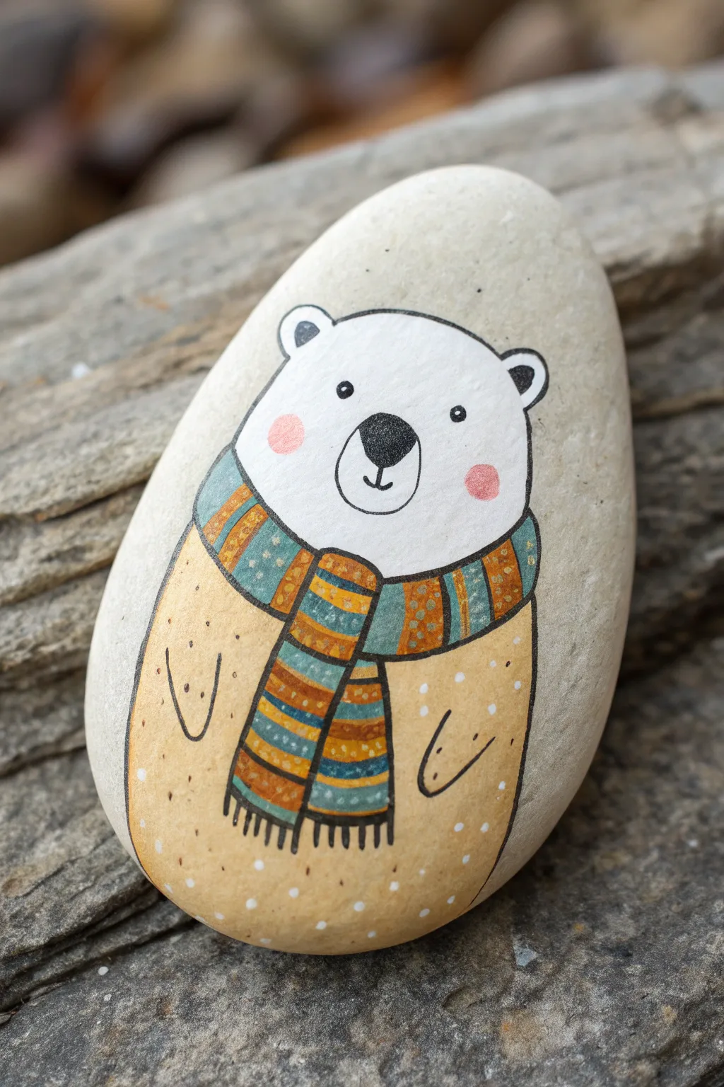 Cozy polar bear rock painting with colorful scarf, rosy cheeks, and minimalist snowy charm