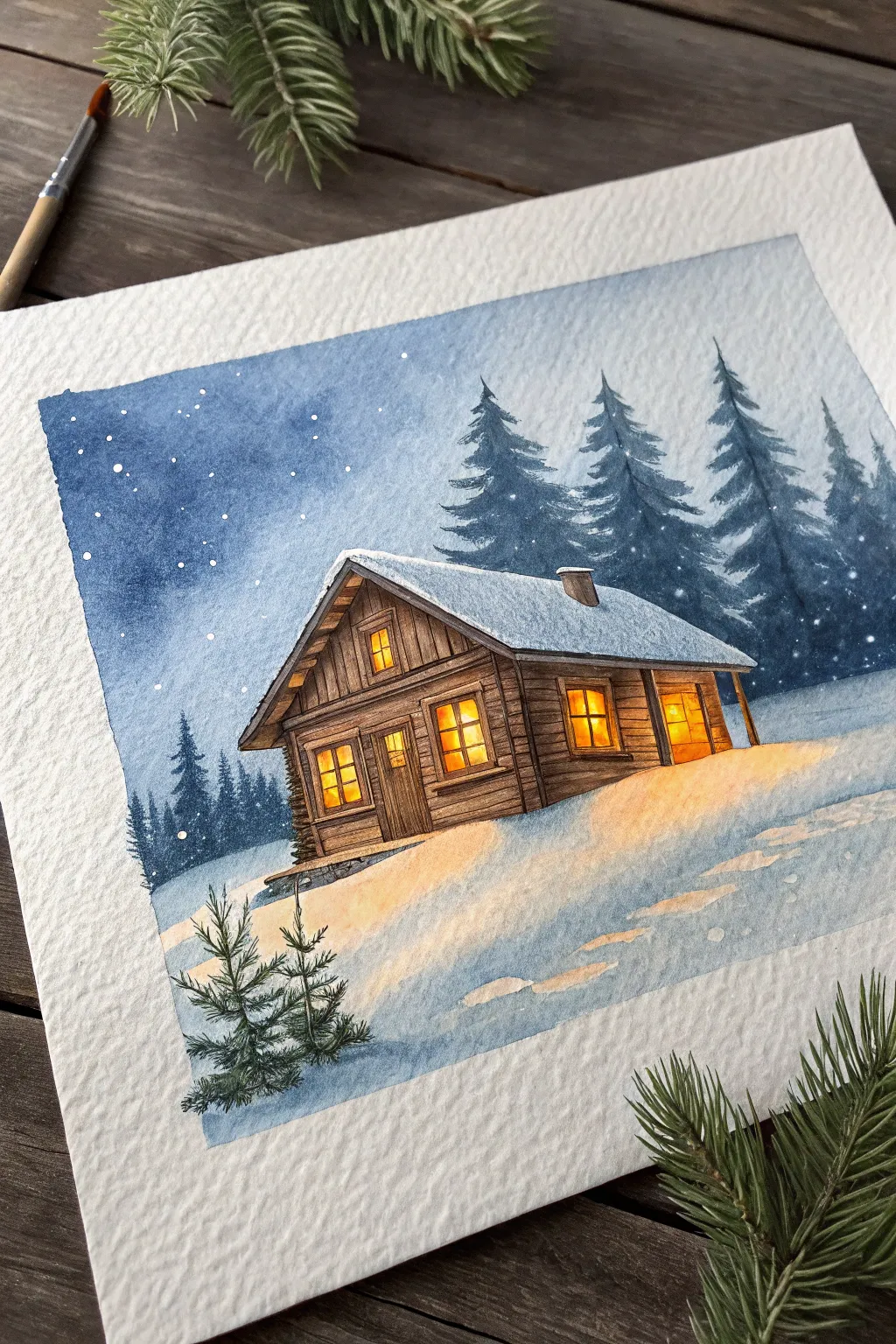 Cozy cabin watercolor: warm windows glowing in snowy blues for a calm Scandinavian winter mood