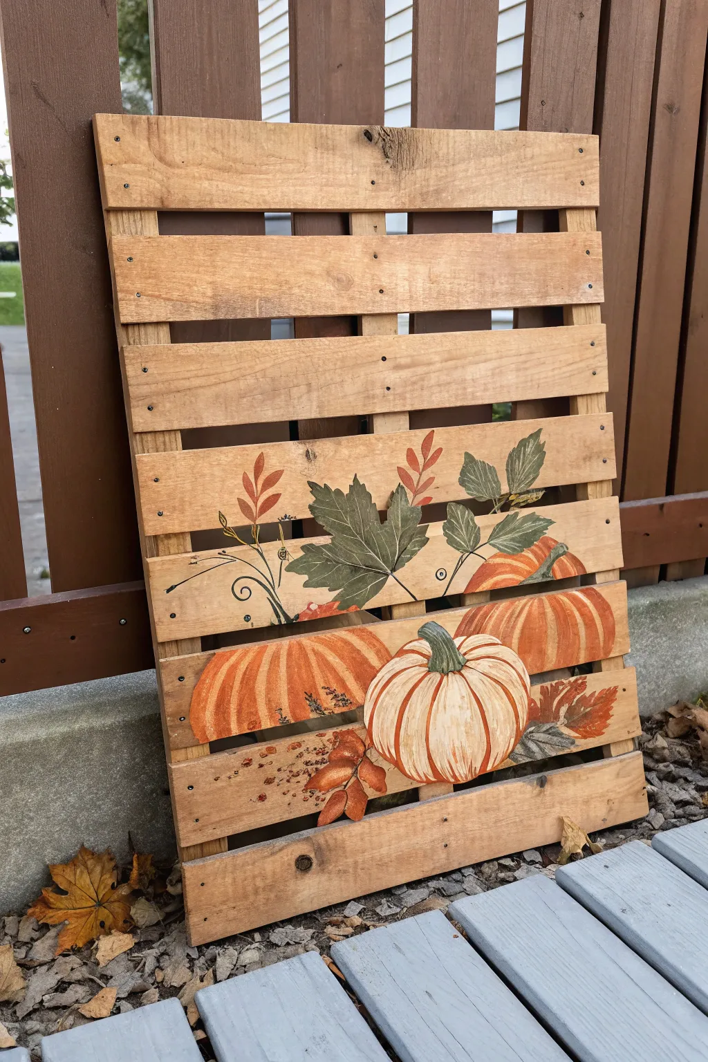 Paint pumpkins across slats for a cozy pallet-board look with warm fall tones and rustic charm.