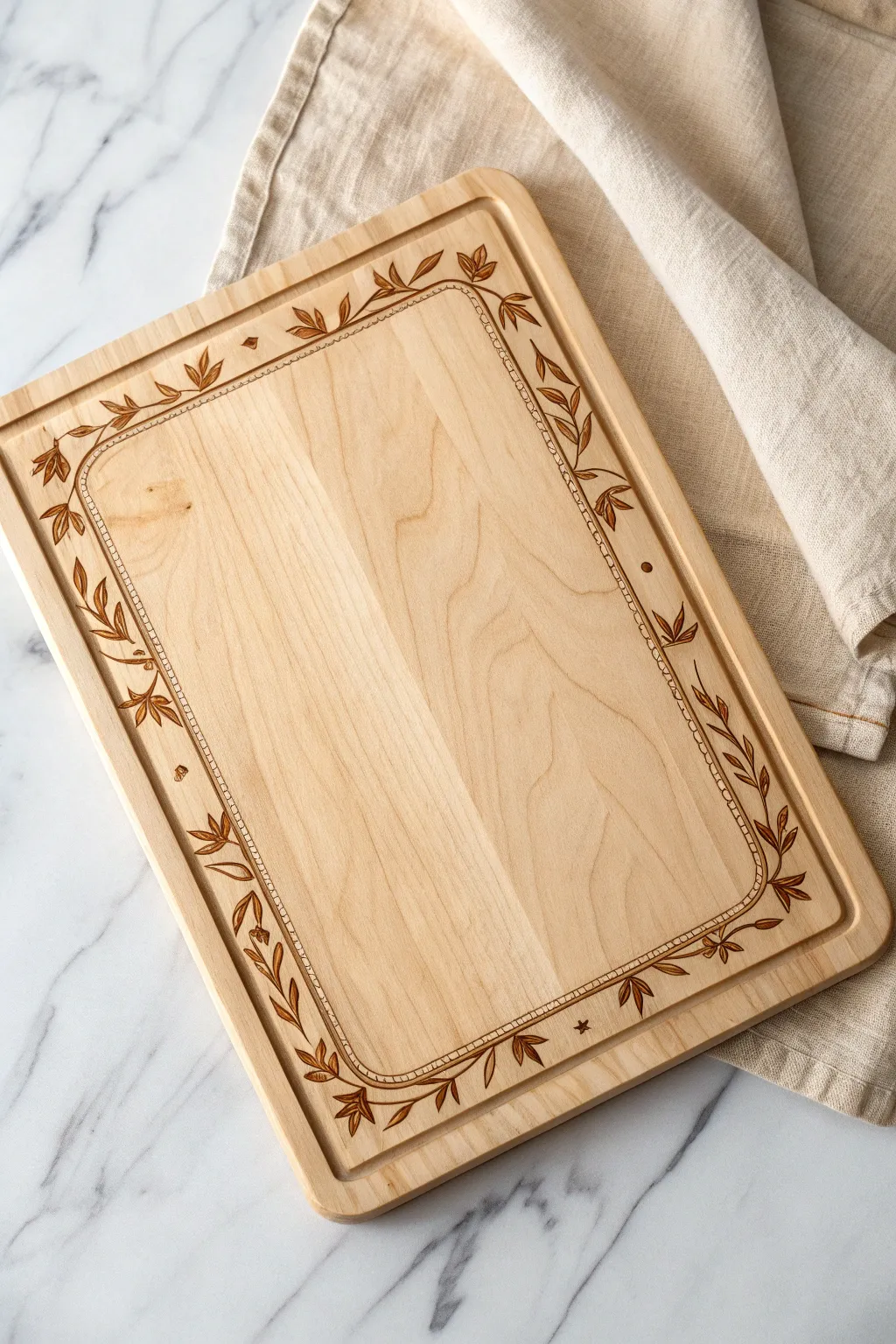 Minimalist wood burned cutting board border, clean vine pattern and cozy linen styling.