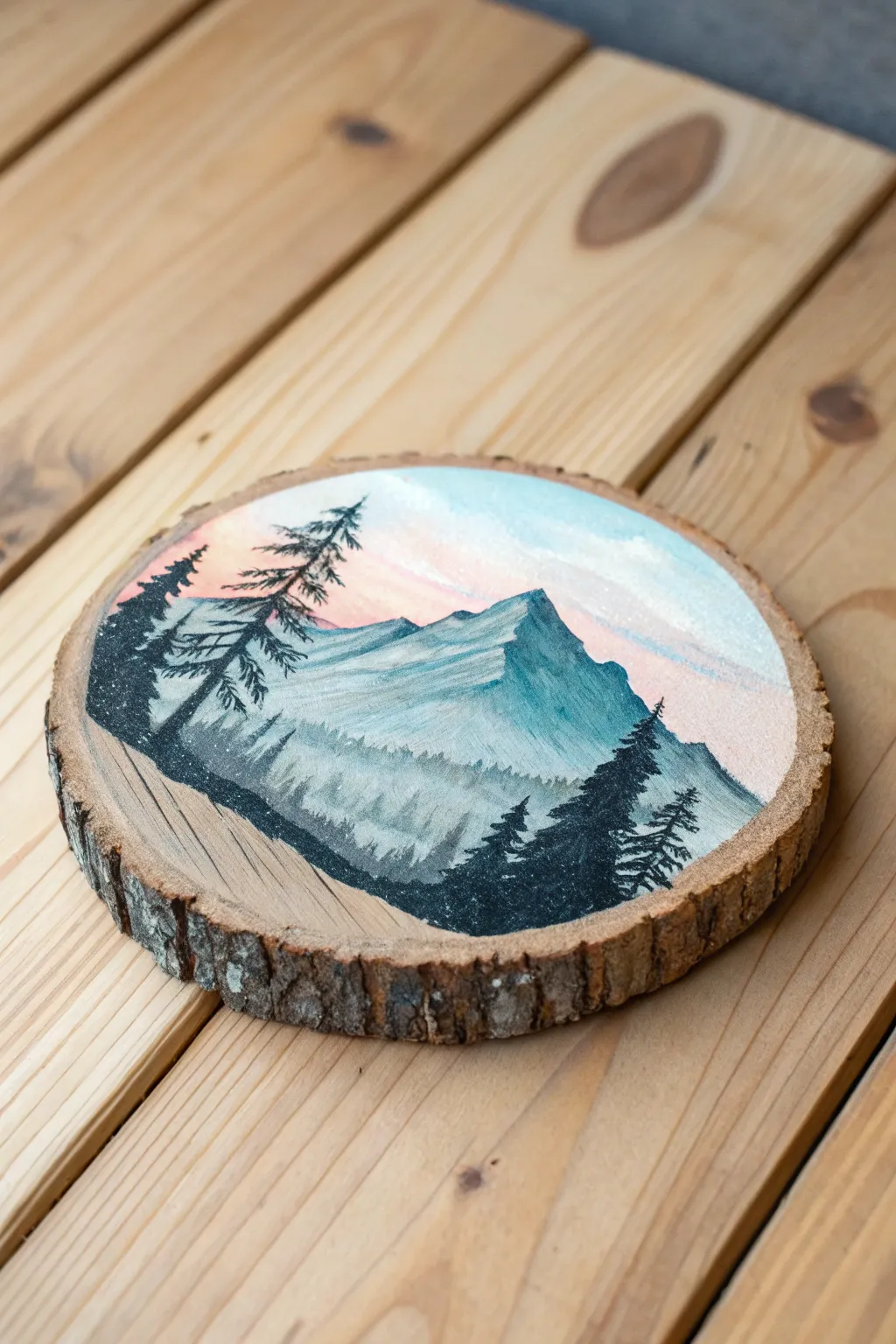 Mini mountain landscape on a wood slice with soft sky gradient and delicate pine linework