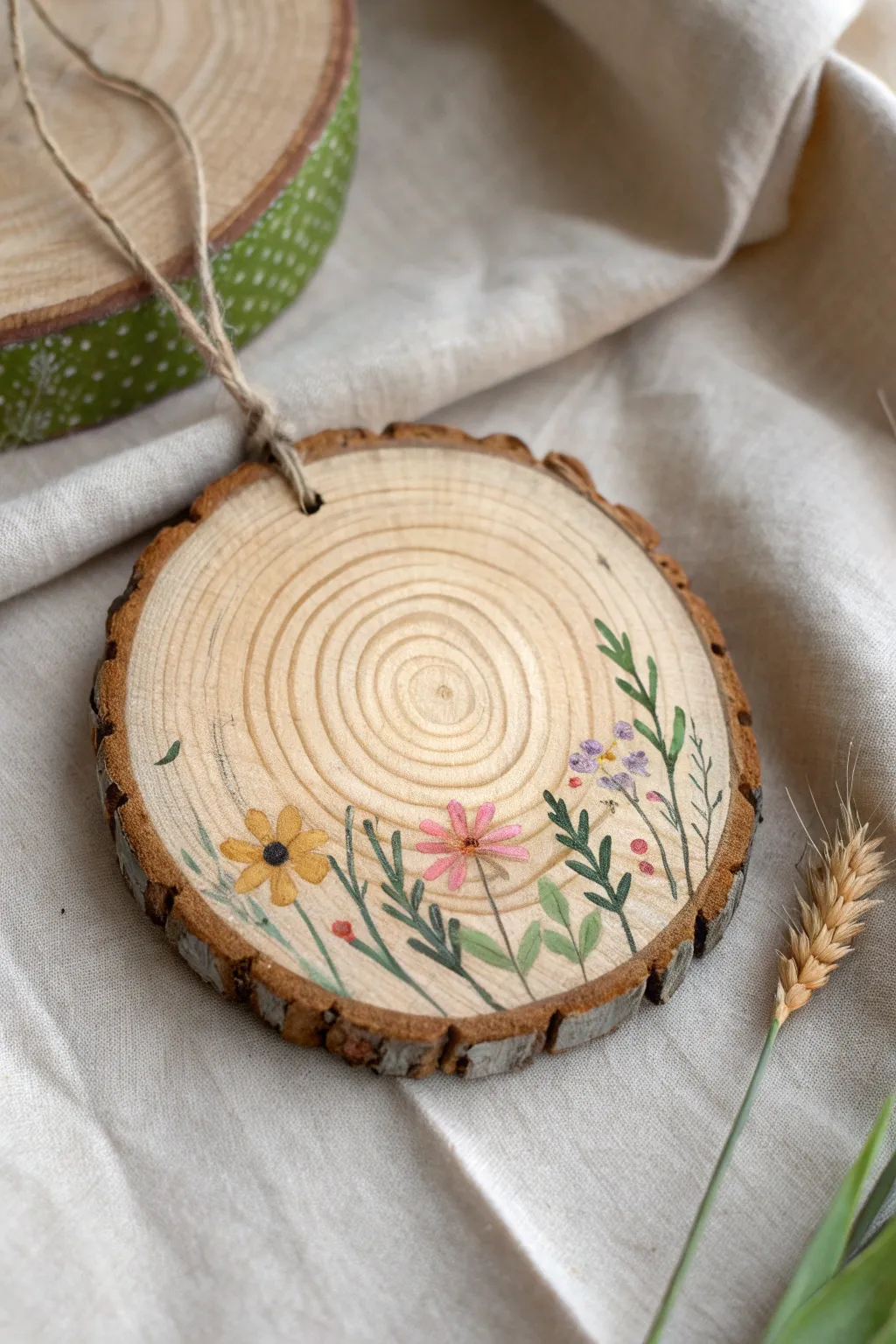Wildflower meadow dots on a wood slice, soft greens and pastel blooms on natural linen