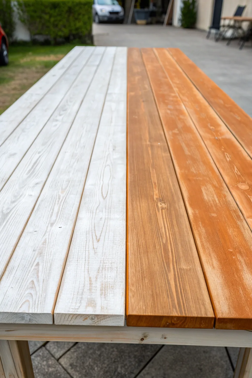 Half whitewashed, half original wood—see the calm, airy shift while grain stays visible.