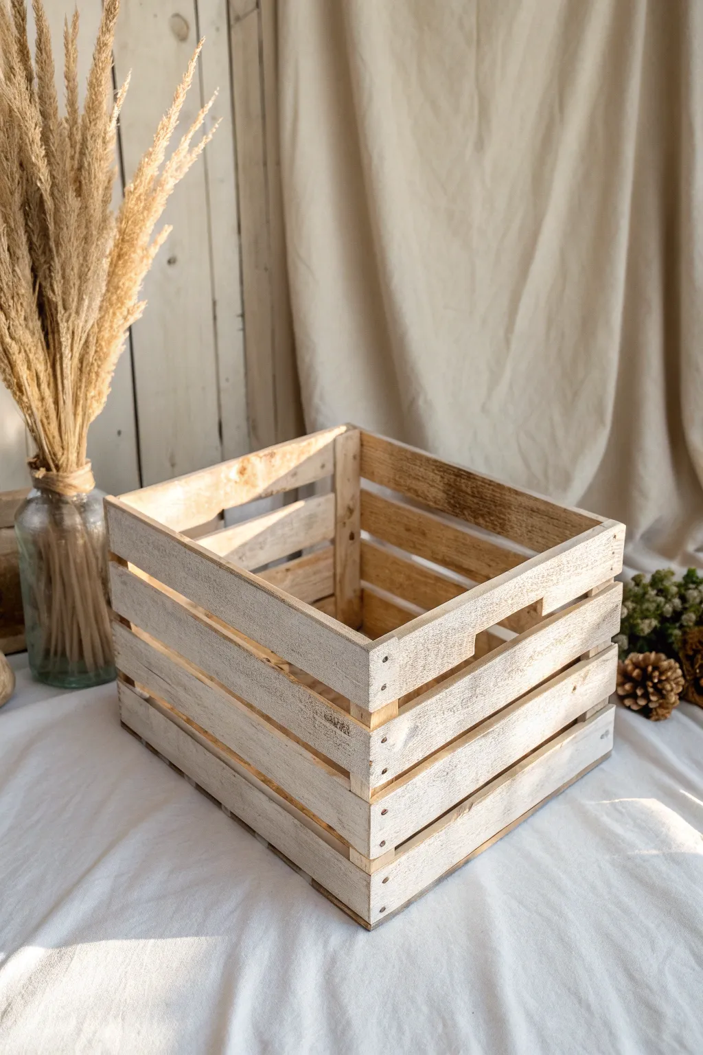 Whitewashed wooden crate close-up with visible grain and soft brushstroke texture