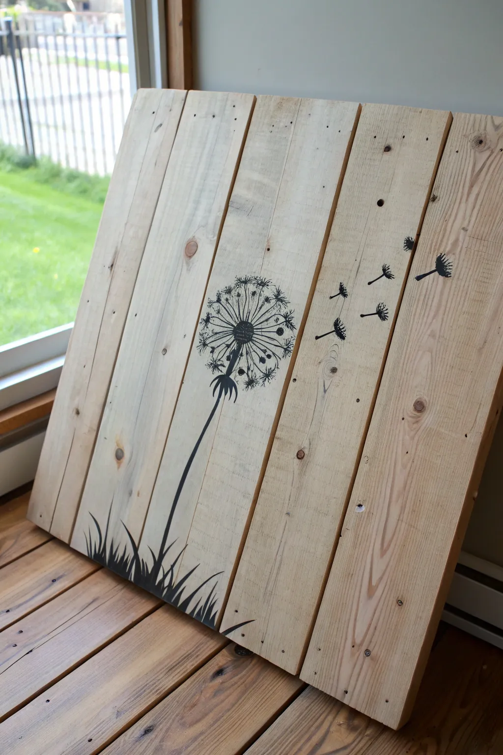 High-contrast dandelion silhouette on pale pallet slats, using gaps as airy seed drift.