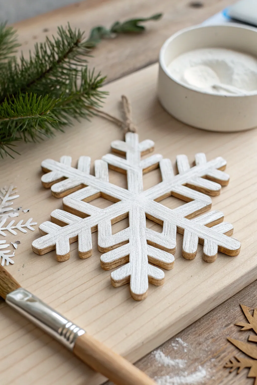Dry-brushed frosted edges give this wooden snowflake ornament a clean, cozy handmade glow.