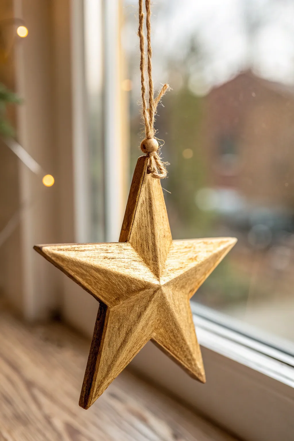 Glossy metallic gold wooden star ornament on twine with soft tree-light bokeh backdrop