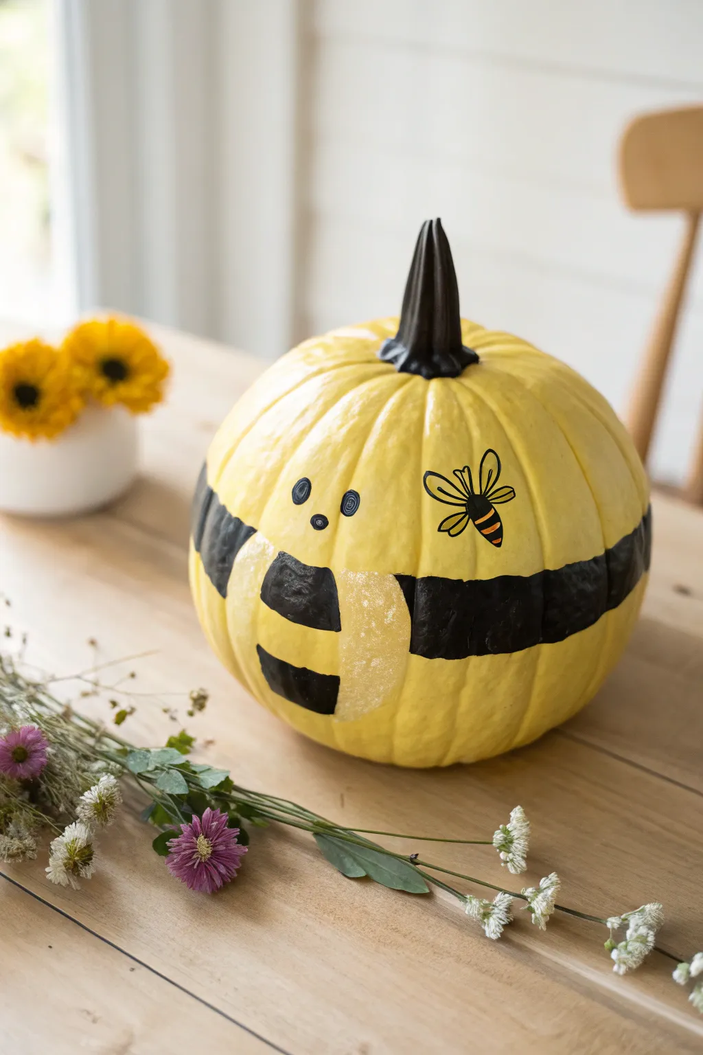 Painted yellow pumpkin with bold bumblebee stripes and tiny wings for a playful no-carve fall decor.