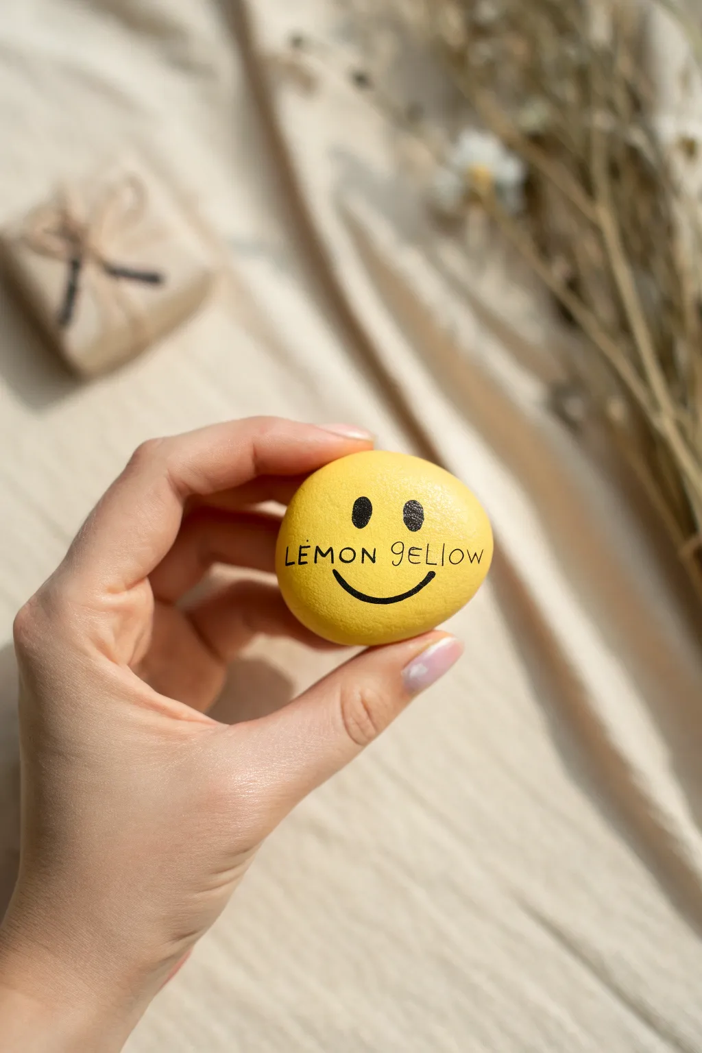 Sweet yellow smiley rock painting idea with simple lines and cozy Scandinavian vibes.