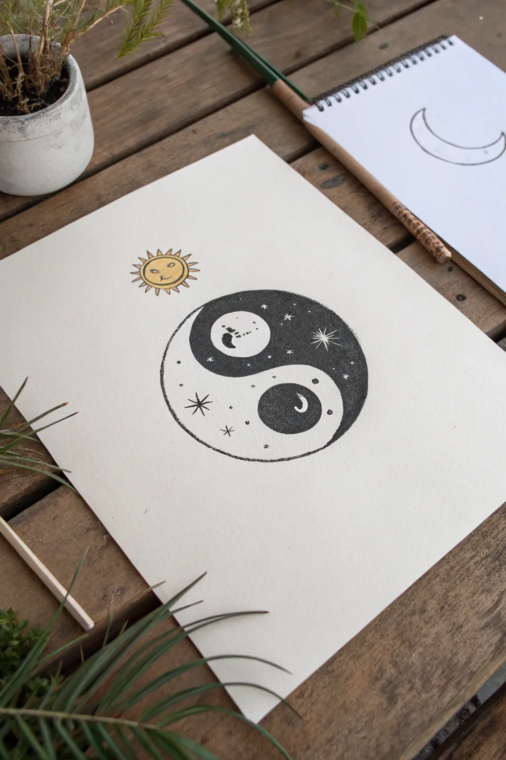 Sun and moon swapped inside a yin yang for a minimalist, calming contrast with soft shading