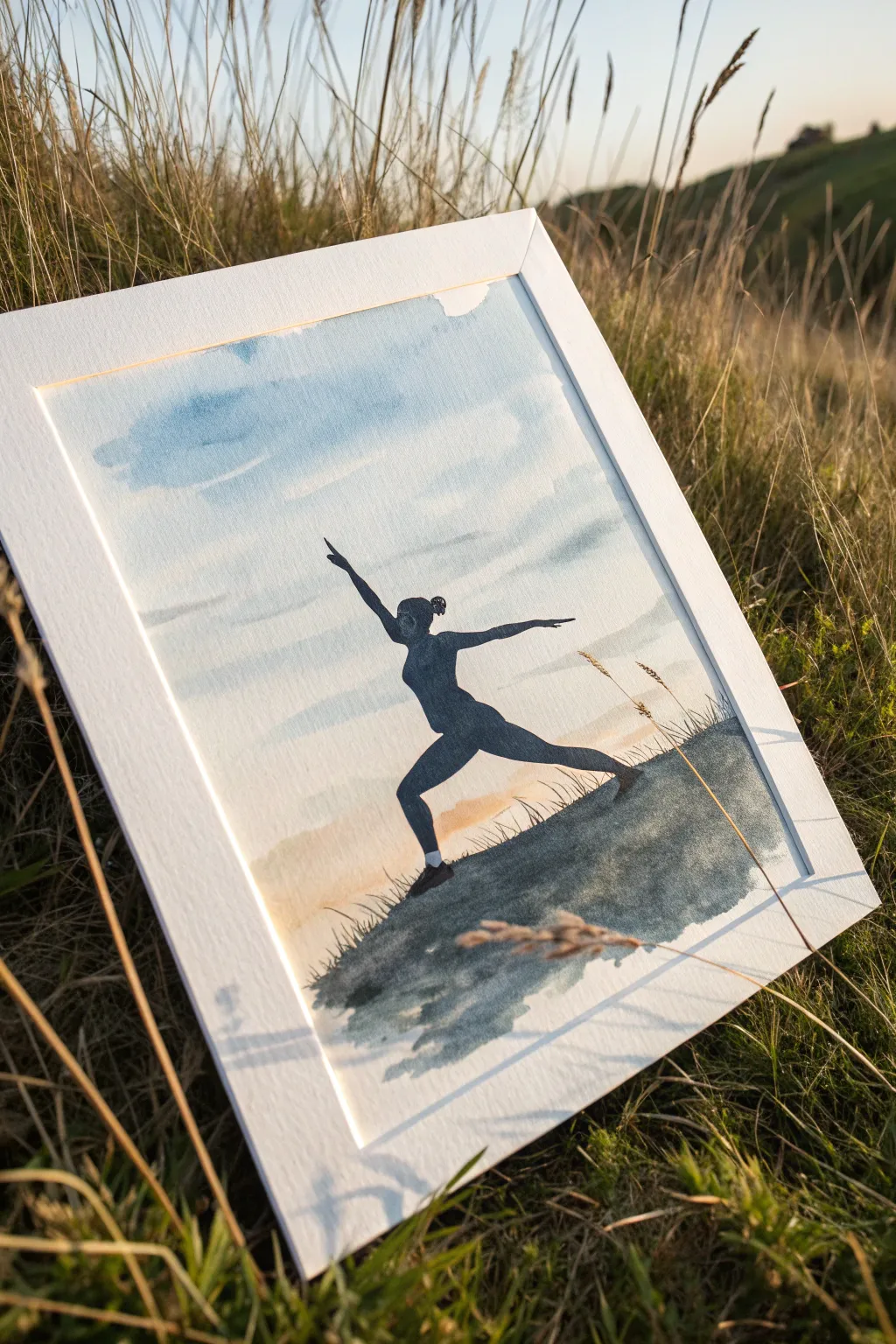 Warrior pose silhouette on a windy hill, minimalist yoga painting idea with boho calm
