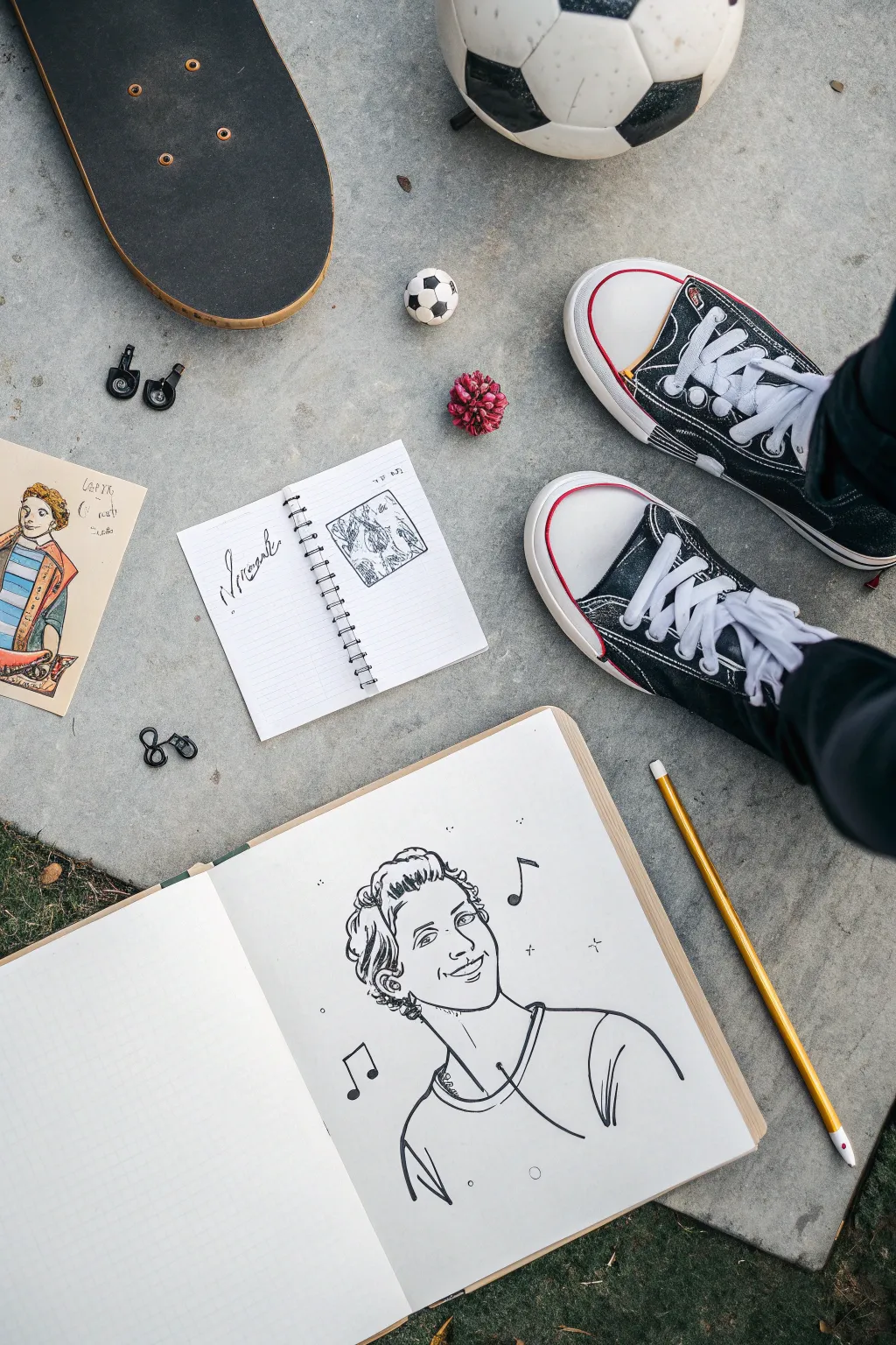 Stylized self-portrait with floating hobby icons, clean lines, and bold color pops for kids.