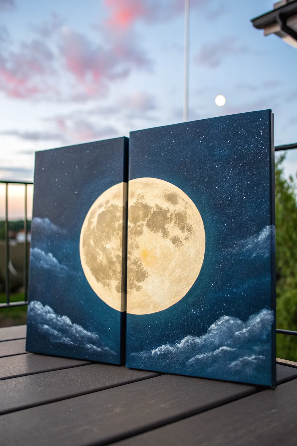 DIY diptych: a bold moon split across two canvases with a dreamy gradient night sky.